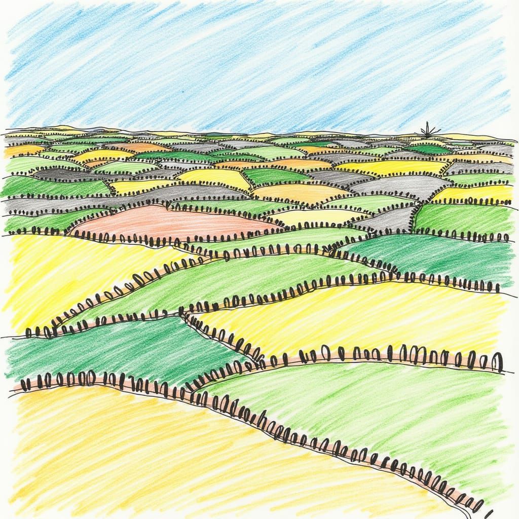Childlike Crayon Drawing of Farmland From Above