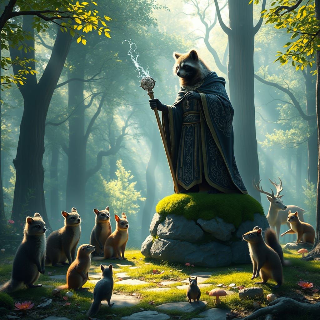 Majestic Raccoon Gandalf Teaches Young Mages in Enchanted El...