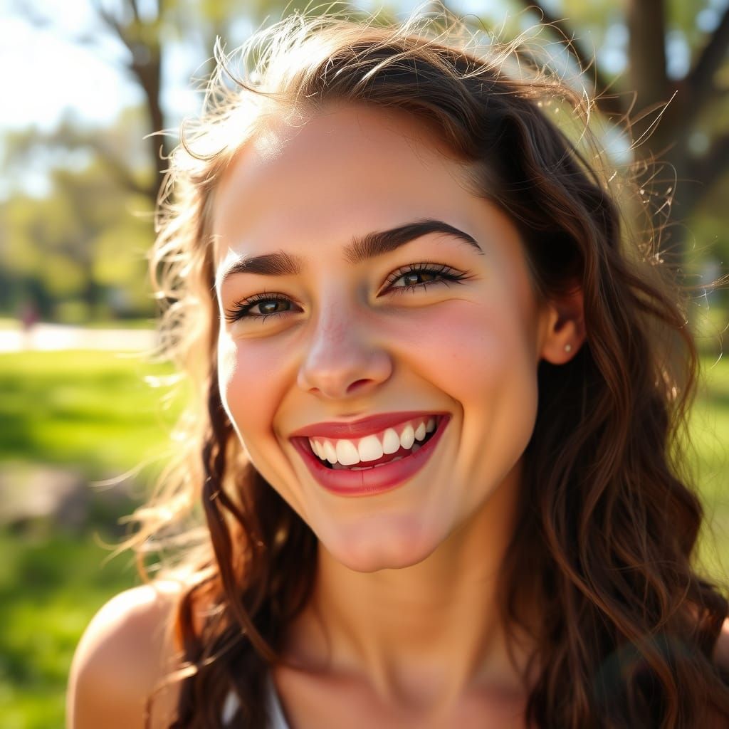 Happily Radiant Young Woman in a Sunlit Park