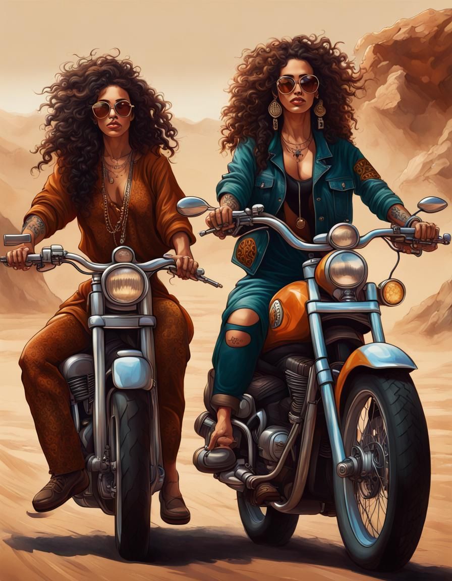 Moroccan Women on Motorcycle in Hyperrealistic Style