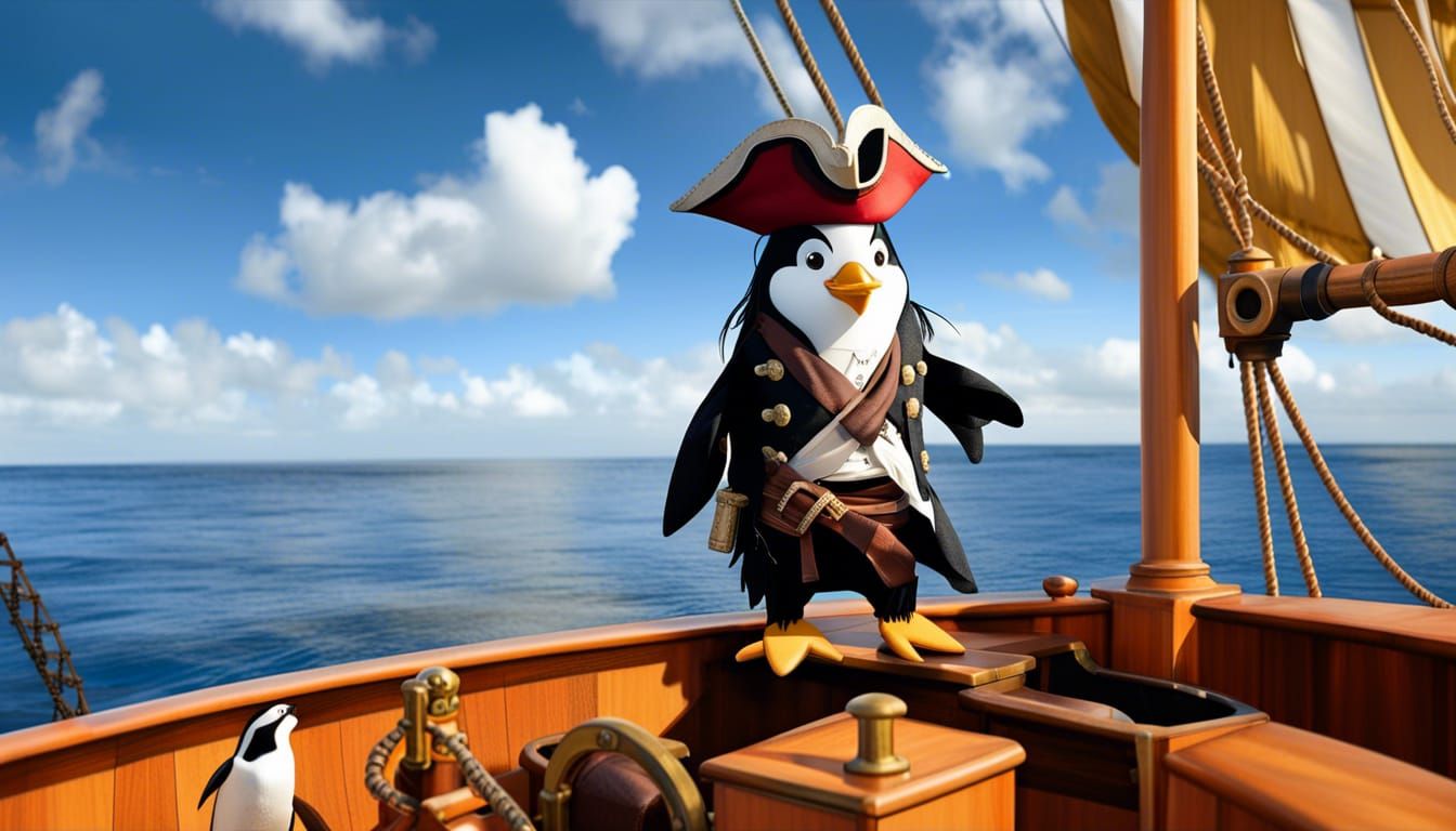 Penguin Pirate on a Ship at Sea