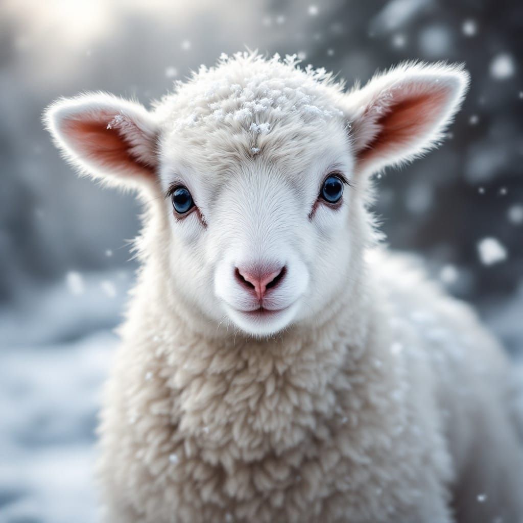 Beautiful White Lamb Surrounded by Snowflakes