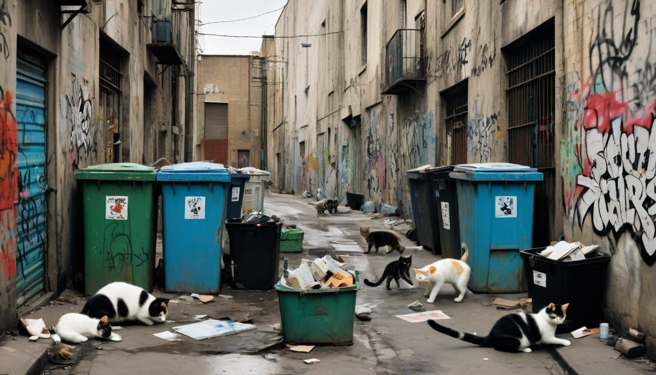 Whimsical Alley Cats in a Vibrant Graffiti Alley