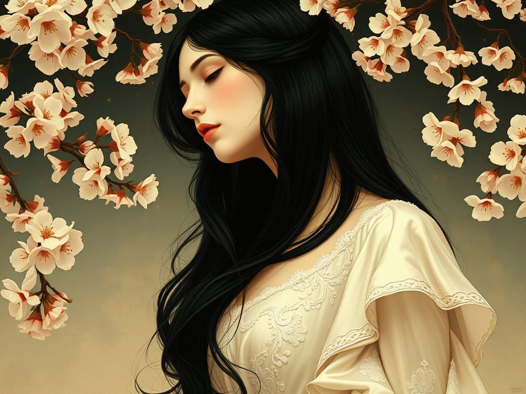 Serene Art Nouveau Goddess Amidst Cherry Blossoms