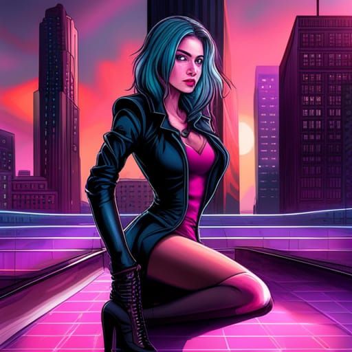 Gothic Woman in Latex with Neon Cityscape