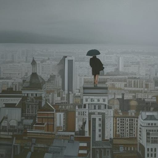 Woman with Umbrella: Hyperrealistic Dark Academia Cityscape