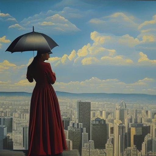 Woman Gazing at City in Expressionistic Style