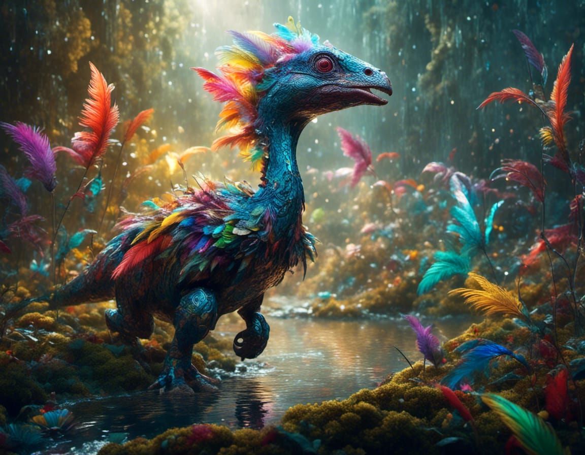 Rainbow Feathered Dinosaur Bird in Hyperrealistic Crystal Fo...
