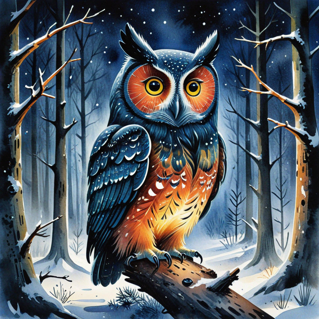 Owl Spirit in Winter Boreal Forest Watercolour