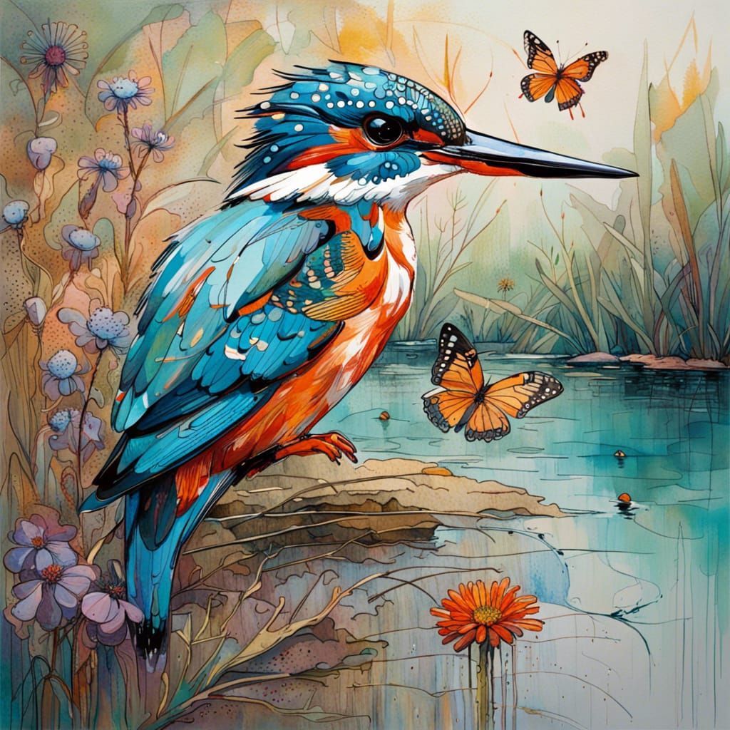 Kingfisher with Wildflowers and Butterflies