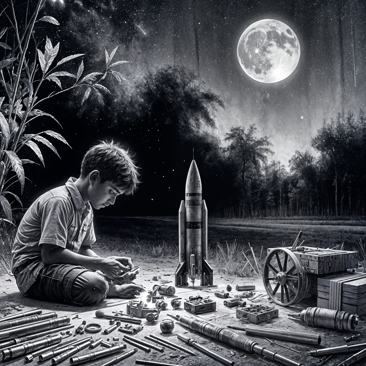 Boy Building Rocket Model in Garden, Charcoal Sketch