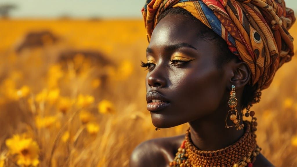 African Woman in Vibrant Tribal Patterns Against Golden Sava...