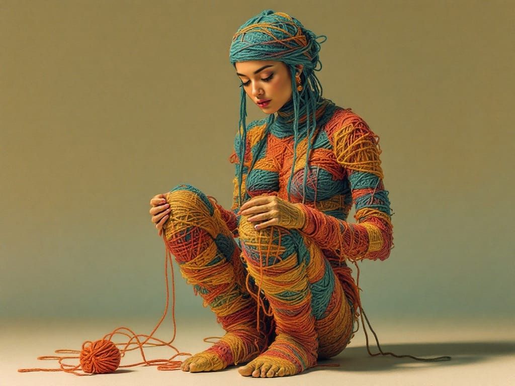 Woman Knitting Herself: Aztec Codex Meets Impasto