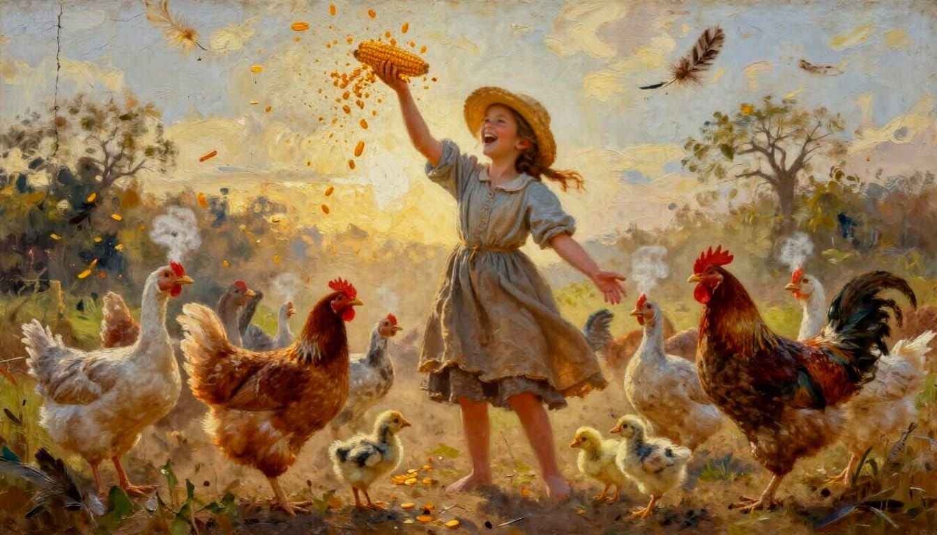 Peasant Girl Tosses Corn Amidst Swirling Farm Animals in Gol...