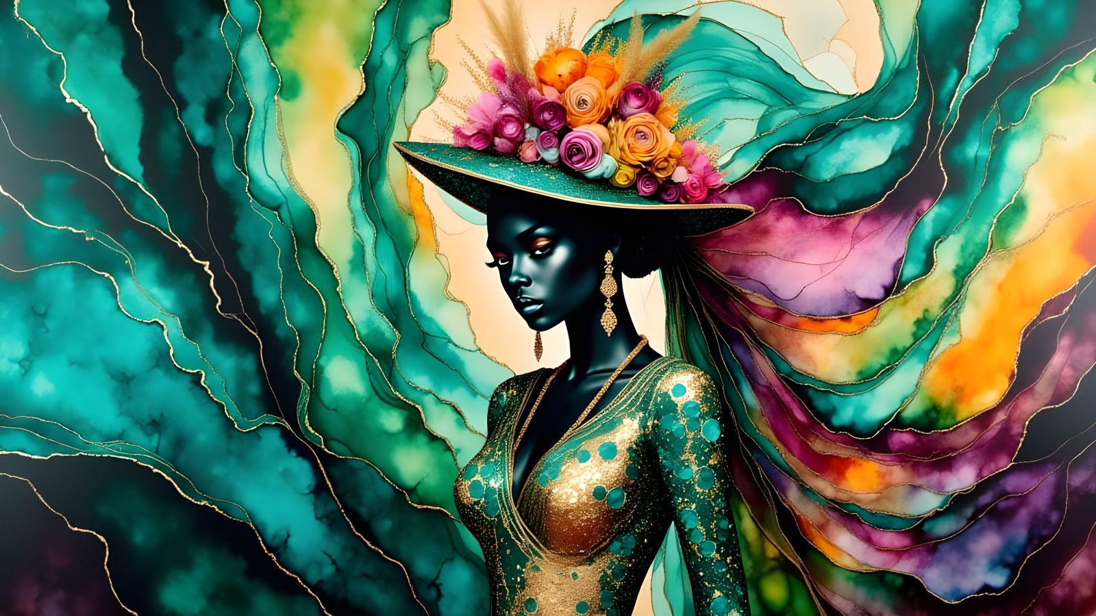 Afrofuturist Portrait with Roses and Showgirls