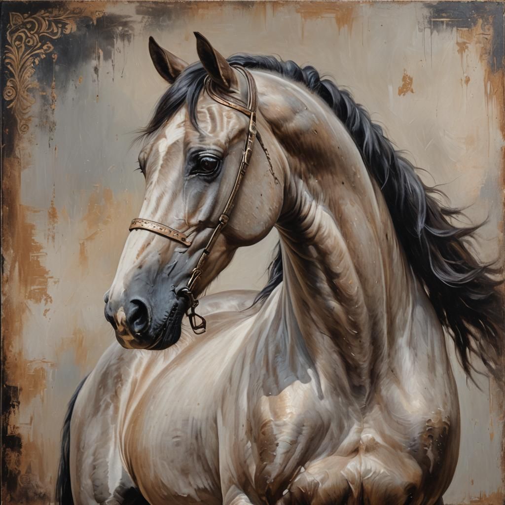 Arabian Horse Portrait with Islamic Motifs as Oil Painting