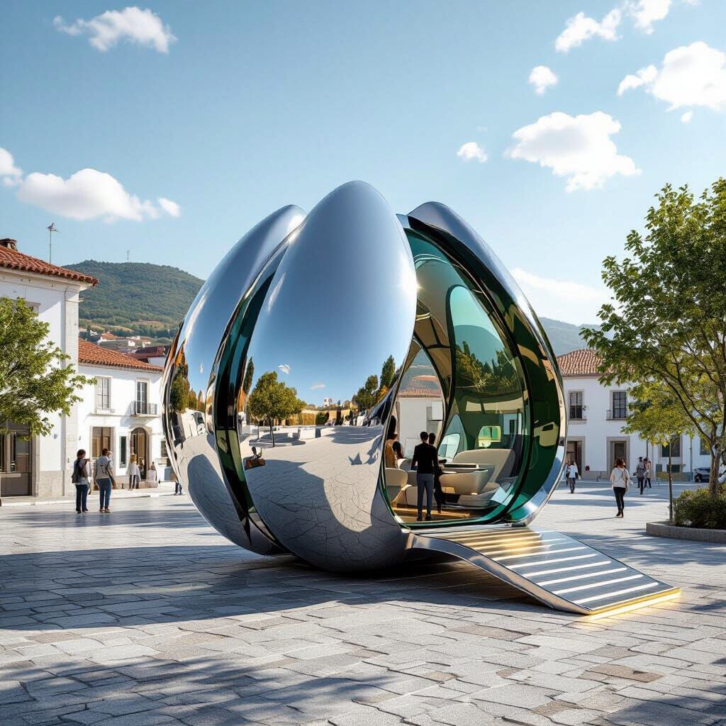 Futuristic Chrome Selling Pod in Rural Portugal