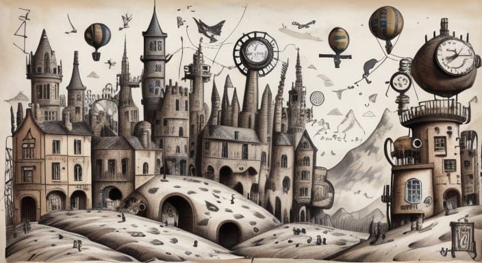 Whimsical Doodle Landscape with Steampunk Touch