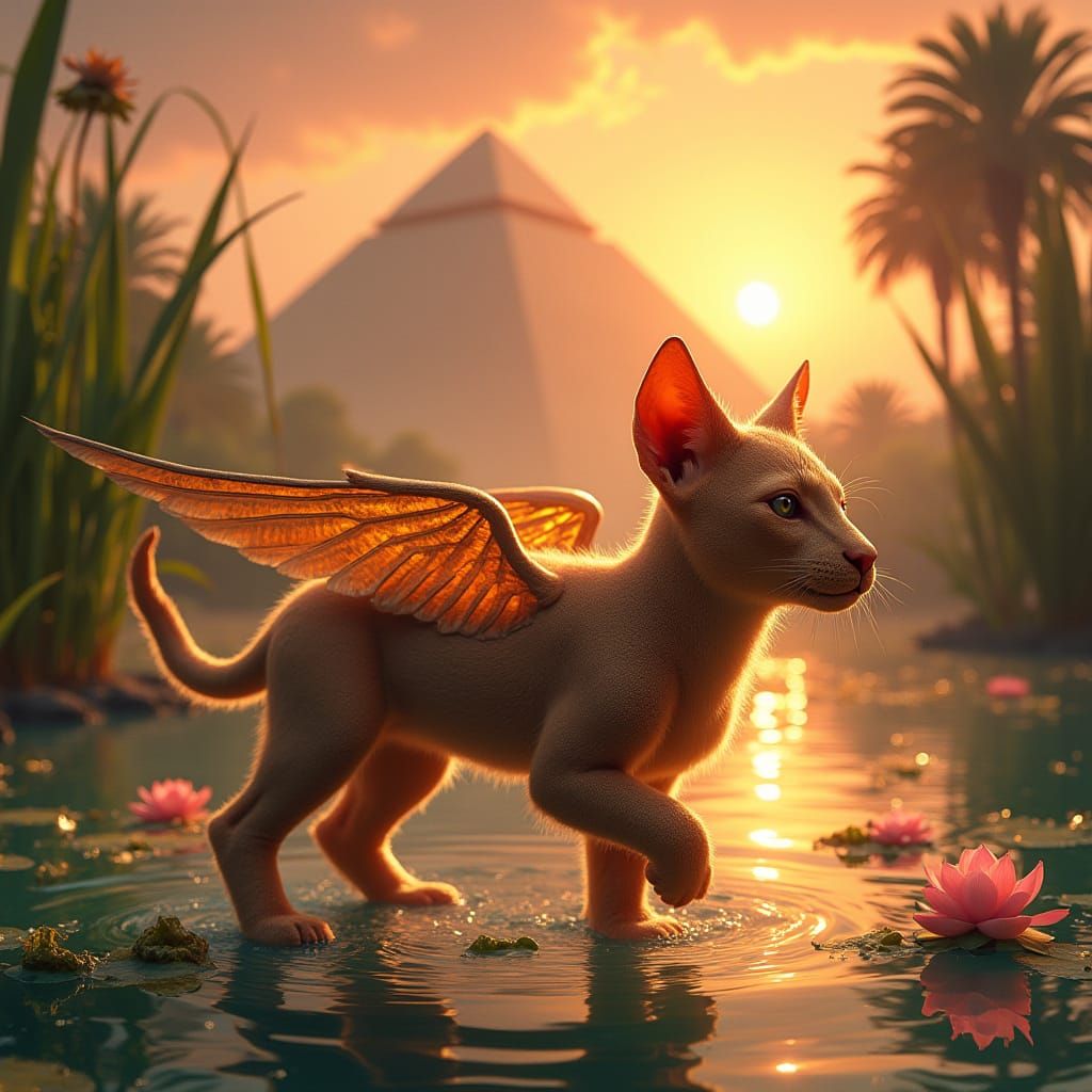 Winged Egyptian Sphinx Cub in Golden Sunset over Nile River ...