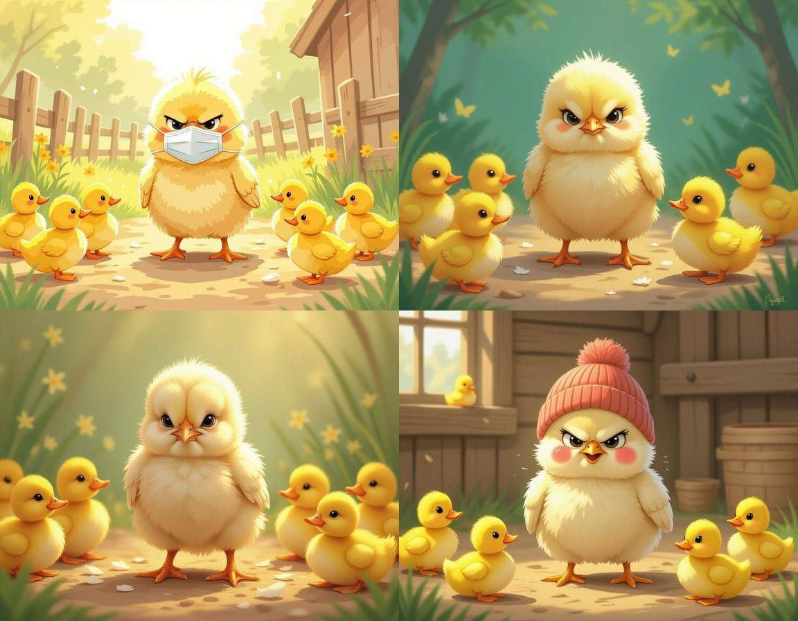 Angry Featherless Chick Among Ducklings