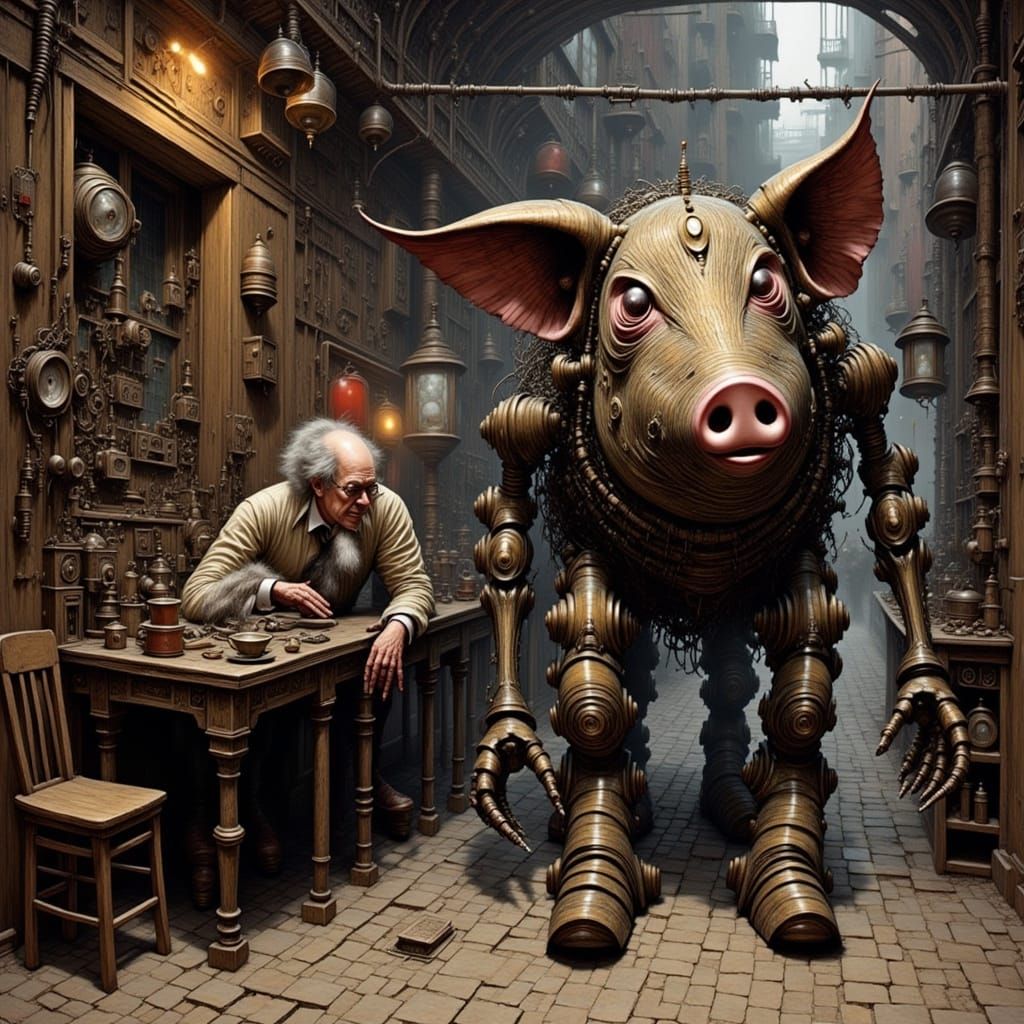 Steampunk Robot Pig in Dark Alley, Surreal Art