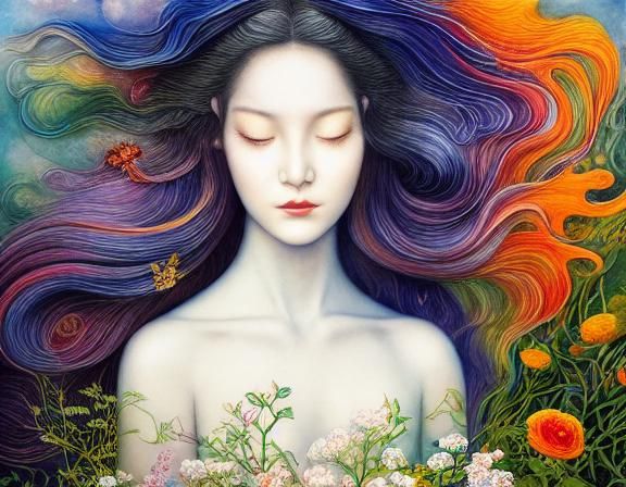 Woman with Flower in Warped Perspective, Etching Style