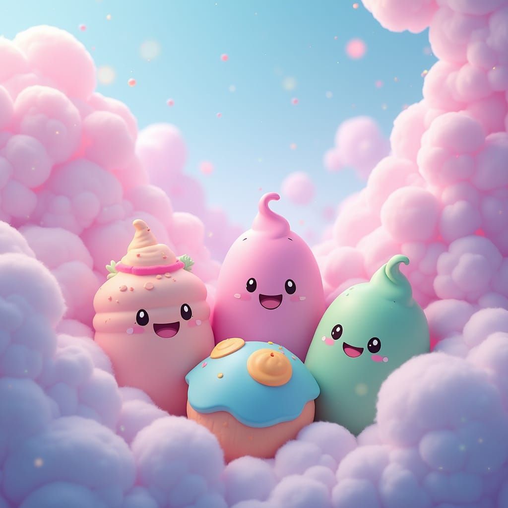 Kawaii Food Characters in Pastel Cloudscape