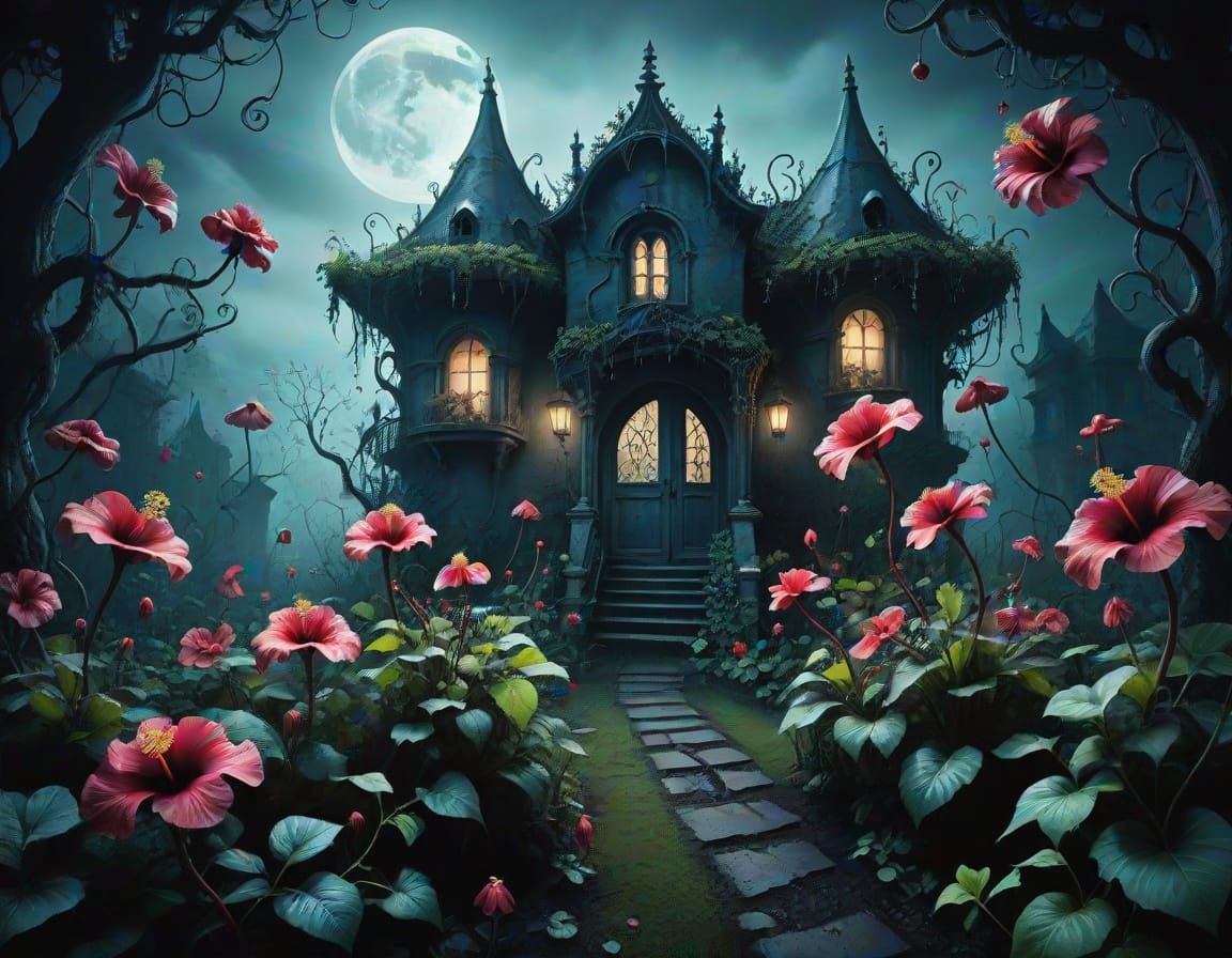 Eerie Garden with Vicious Flowers in Burton Style