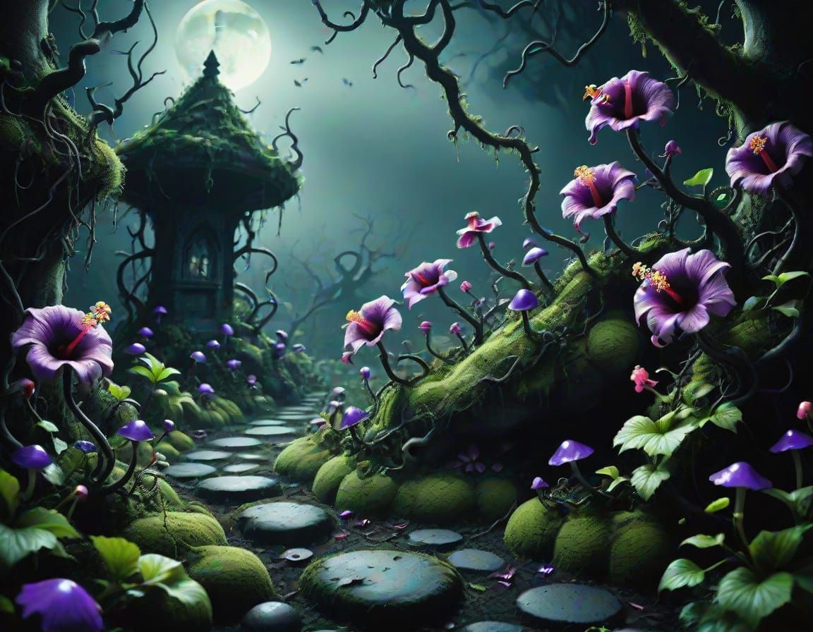 Creepy Garden in Tim Burton Dark Fantasy Style