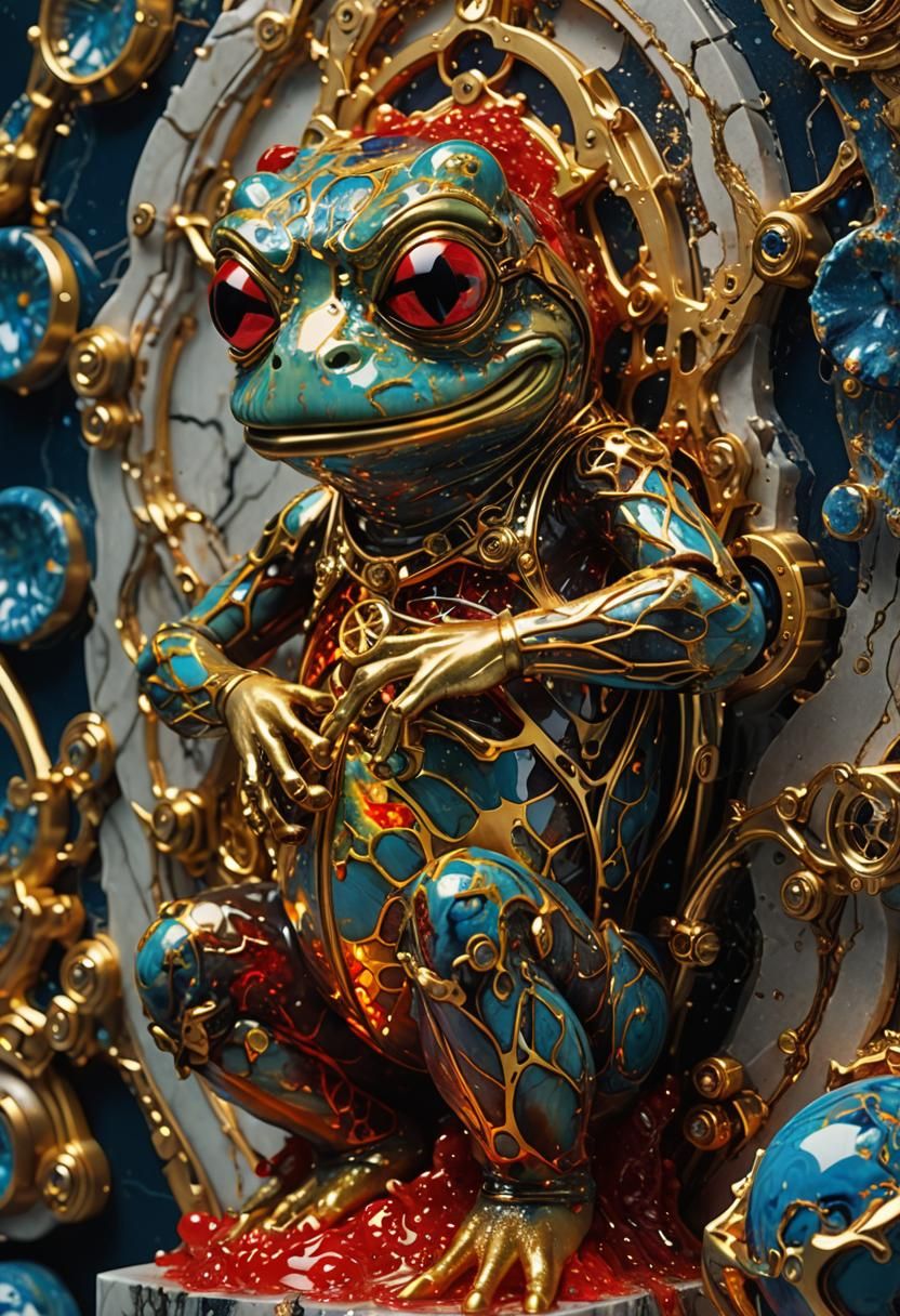 Cracked marble fusion with blue Ming porcelain red burst mol...