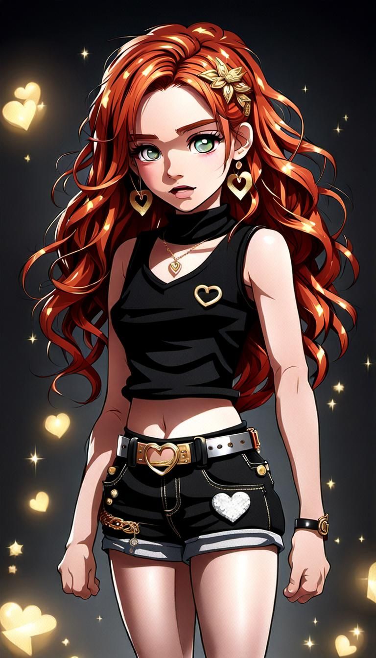 Chibi Anime of a Scottish Redhead girl dressed in black