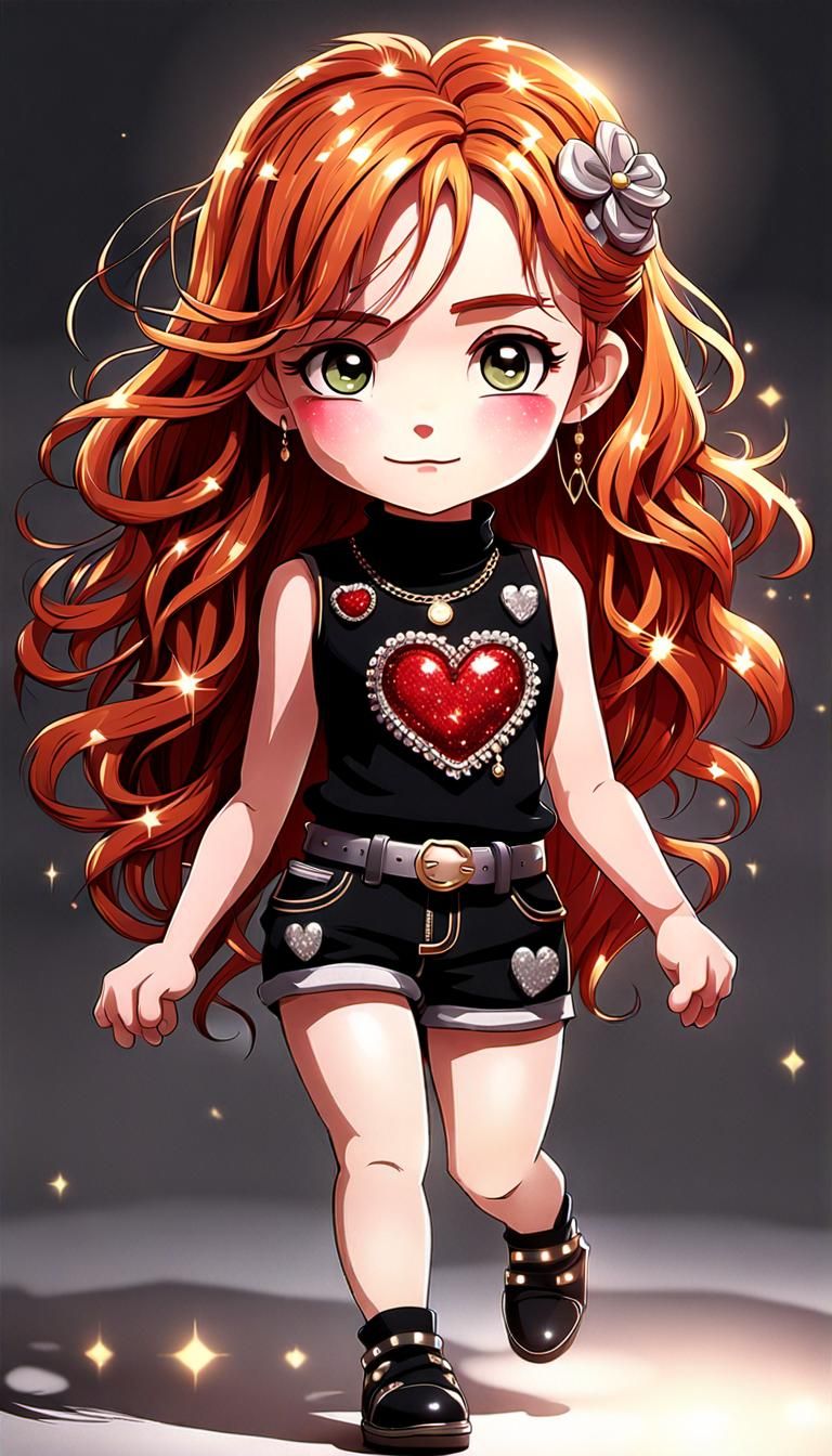 Chibi Anime of a Scottish Redhead girl dressed in black