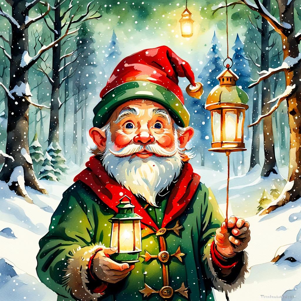 Christmas Dwarf in Snowy Forest: Watercolor Illustration