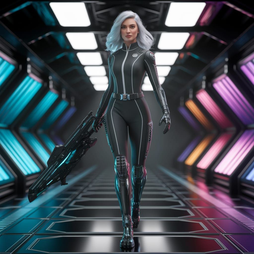 Female Space Bounty Hunter with Robotic Legs Holds Sci-Fi Bl...