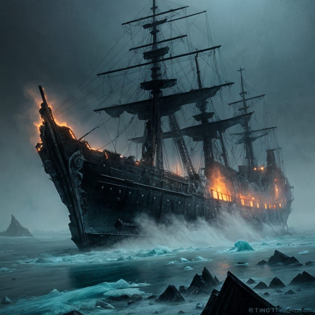 Icy Haunted Shipwreck in Arctic Sea