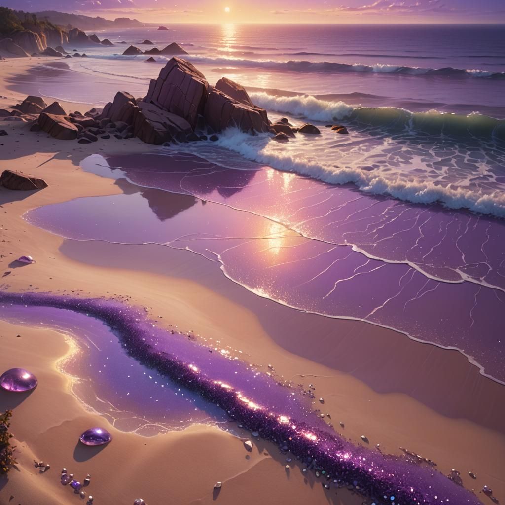 Glittery Purple Beach: A Fantasy Oil Painting