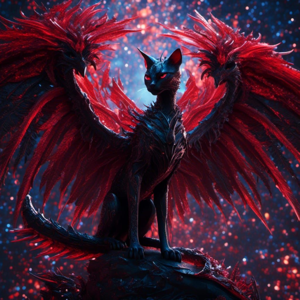 Dragon Winged Woman with Cat in Dark Fantasy Style