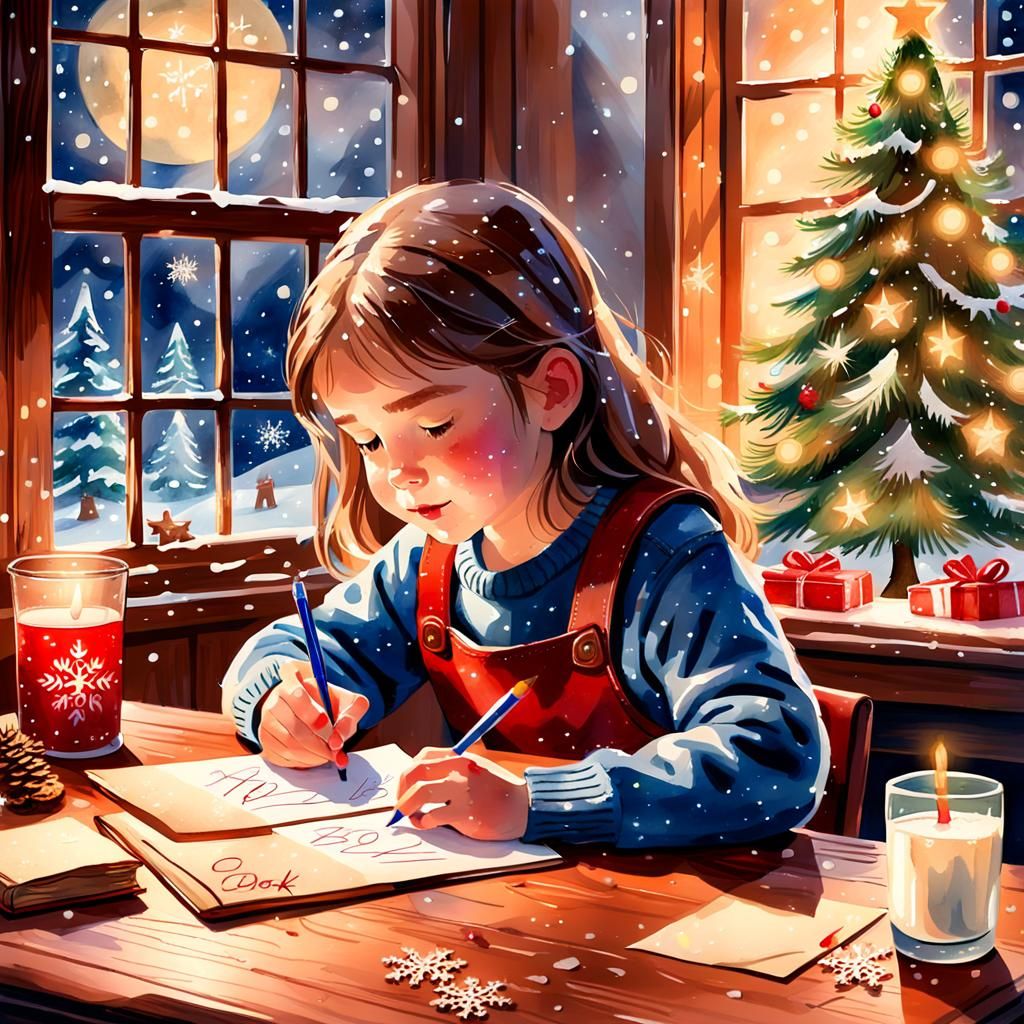 Girl's Letter to Santa: Watercolor Christmas Scene