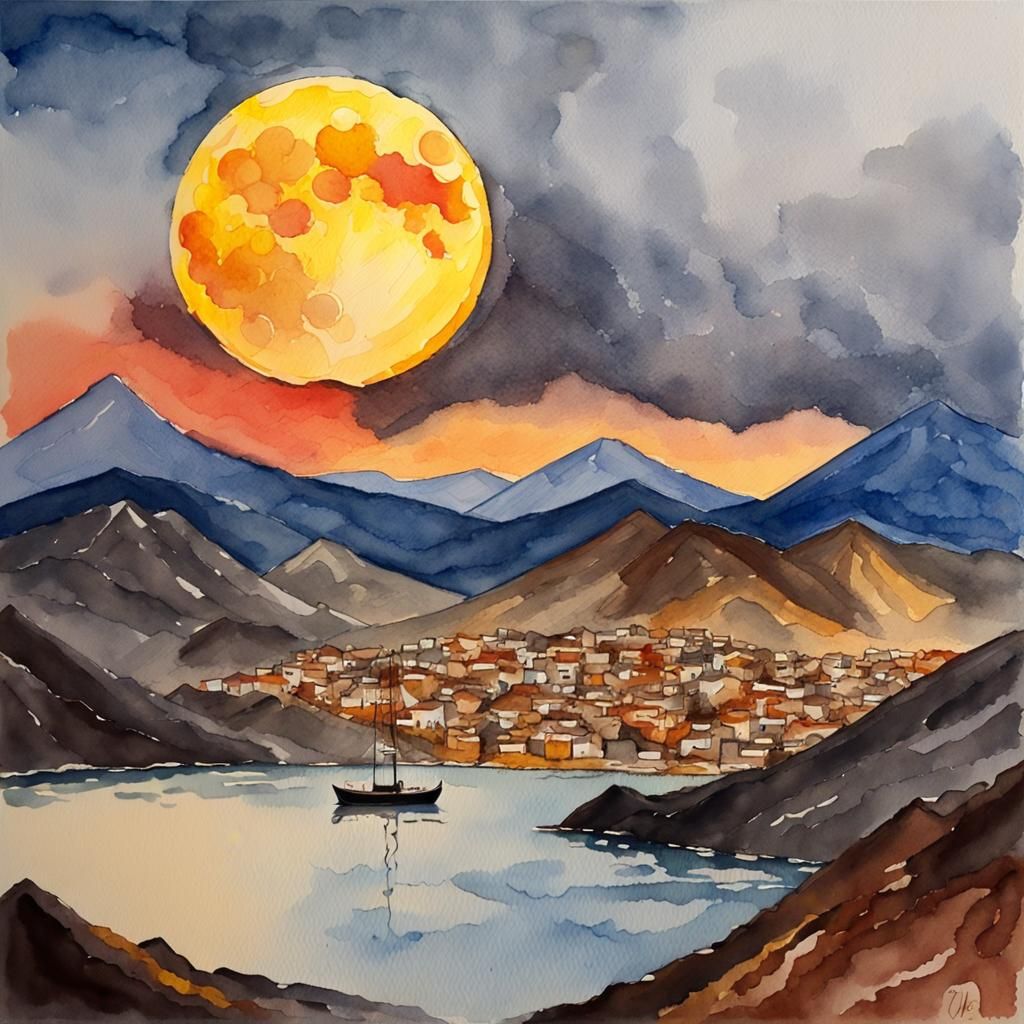 Volcanic Eruption Under Full Moon: Impasto Painting