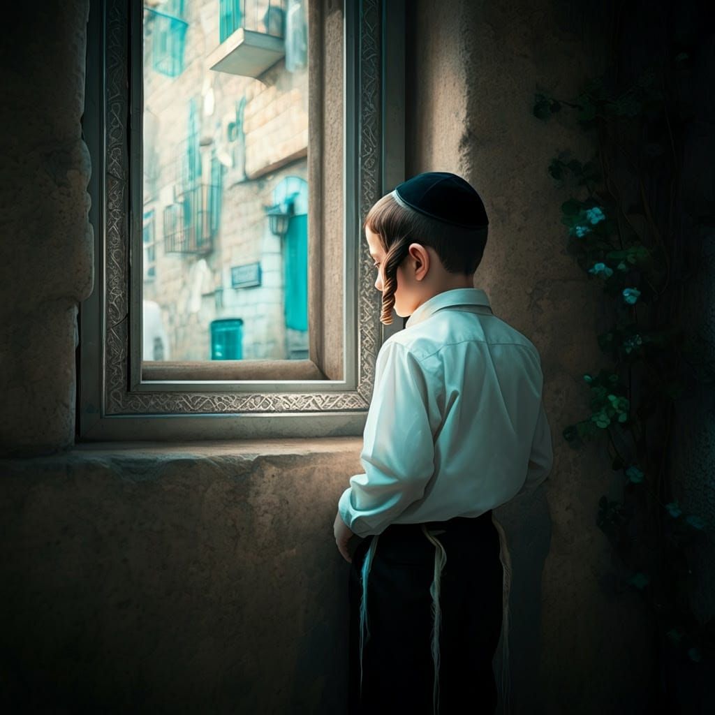 Contemplative Orthodox Youth with Mystical Street Scene