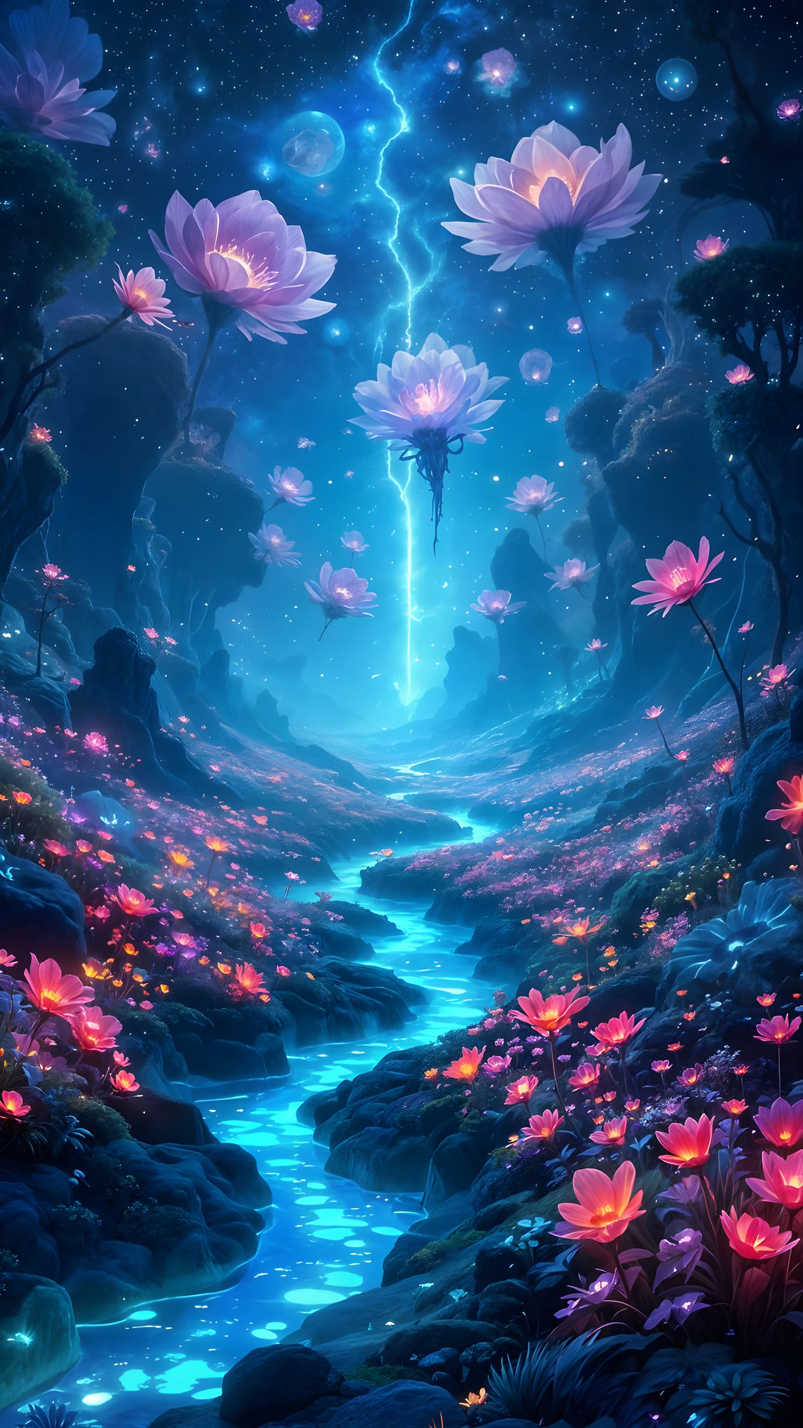 Surreal AI Landscape with Bioluminescent Flora