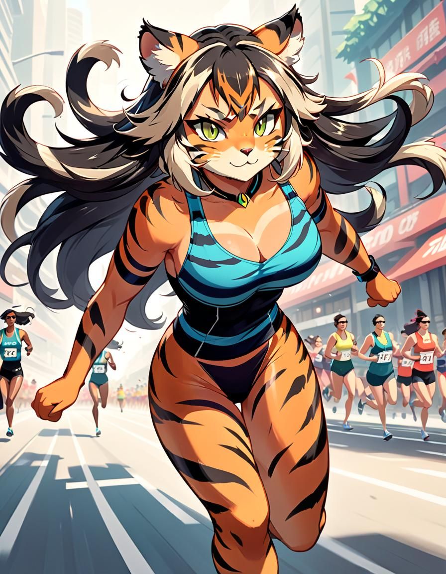 Tiger Catgirl Marathon Runner in Animated Style