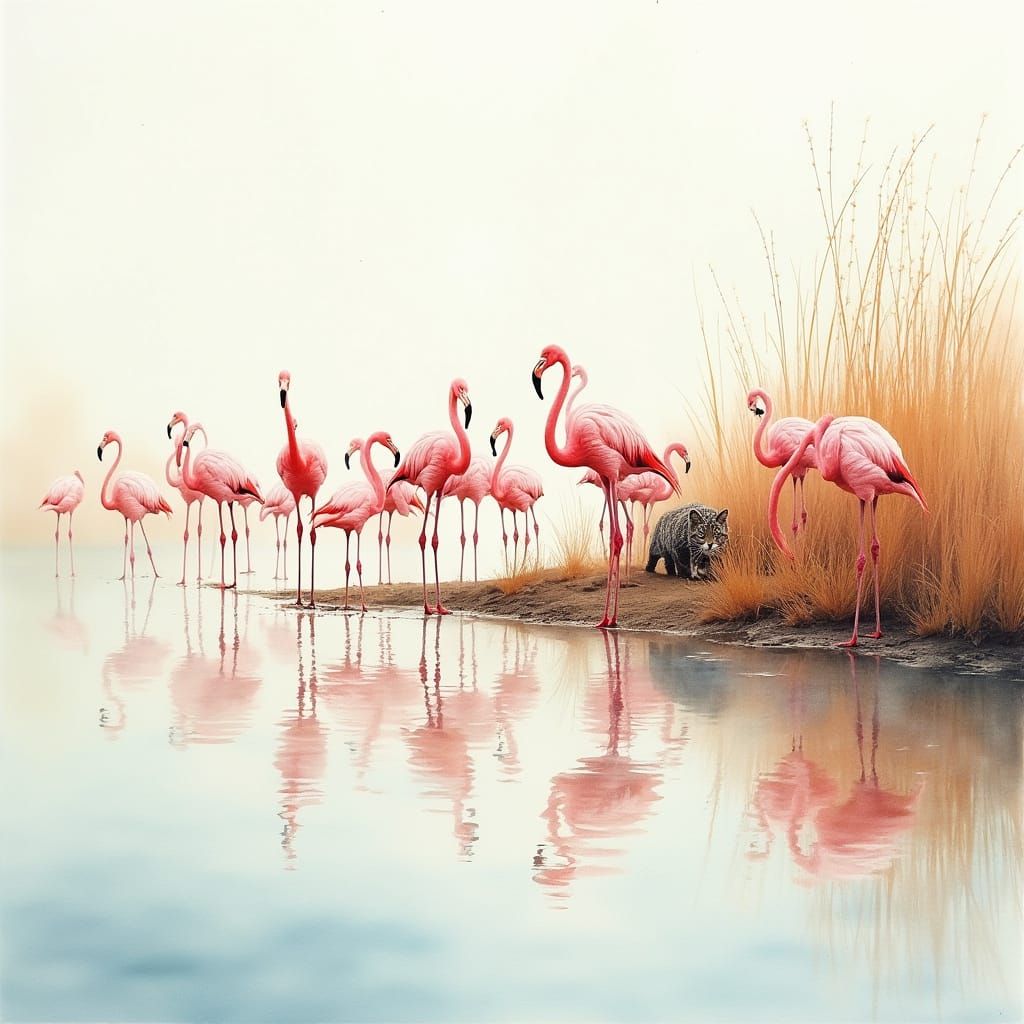 Flamingos and Wild Cat in Expressive Watercolor Style