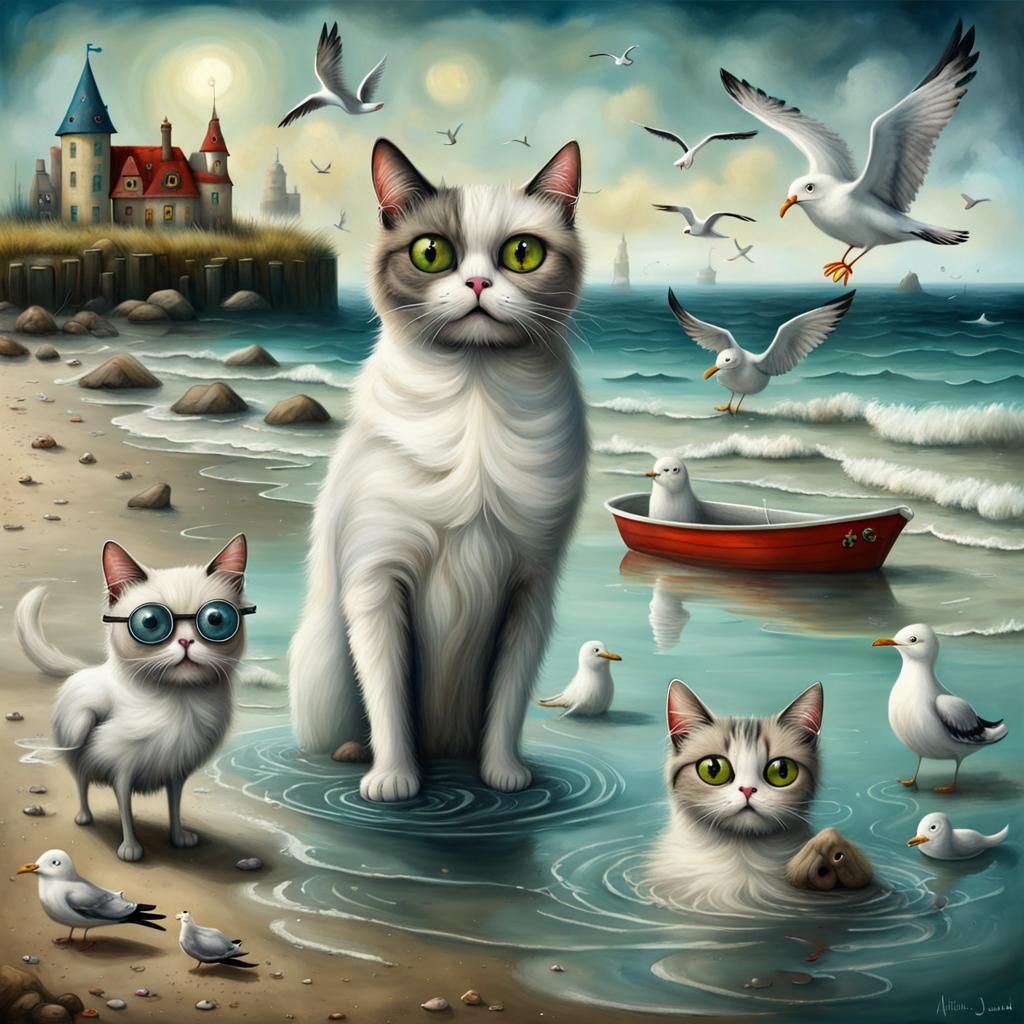 Cat Family's Beach Swim: Surreal Fictional Painting