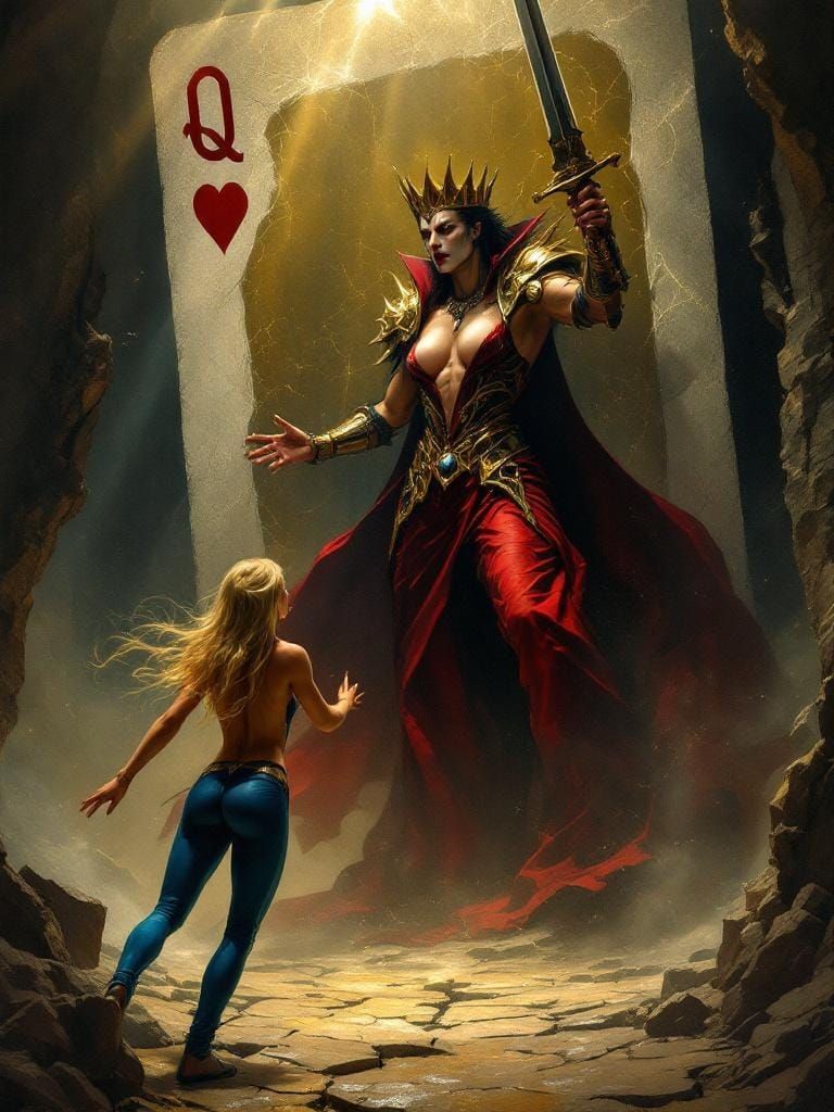 Alice Confronts the Queen of Hearts as Dark Fantasy Art