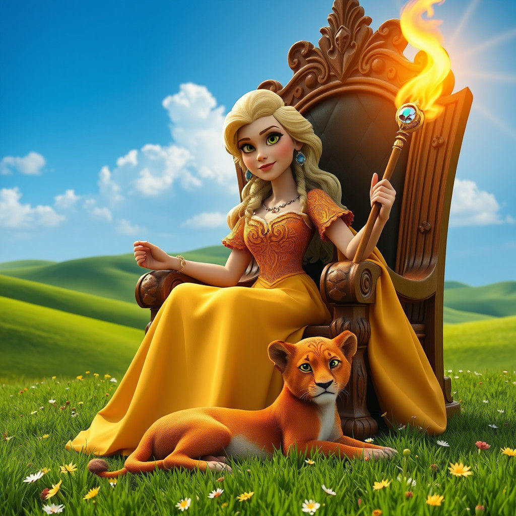 Blonde Queen on Throne with Fire Wand, 3D Render