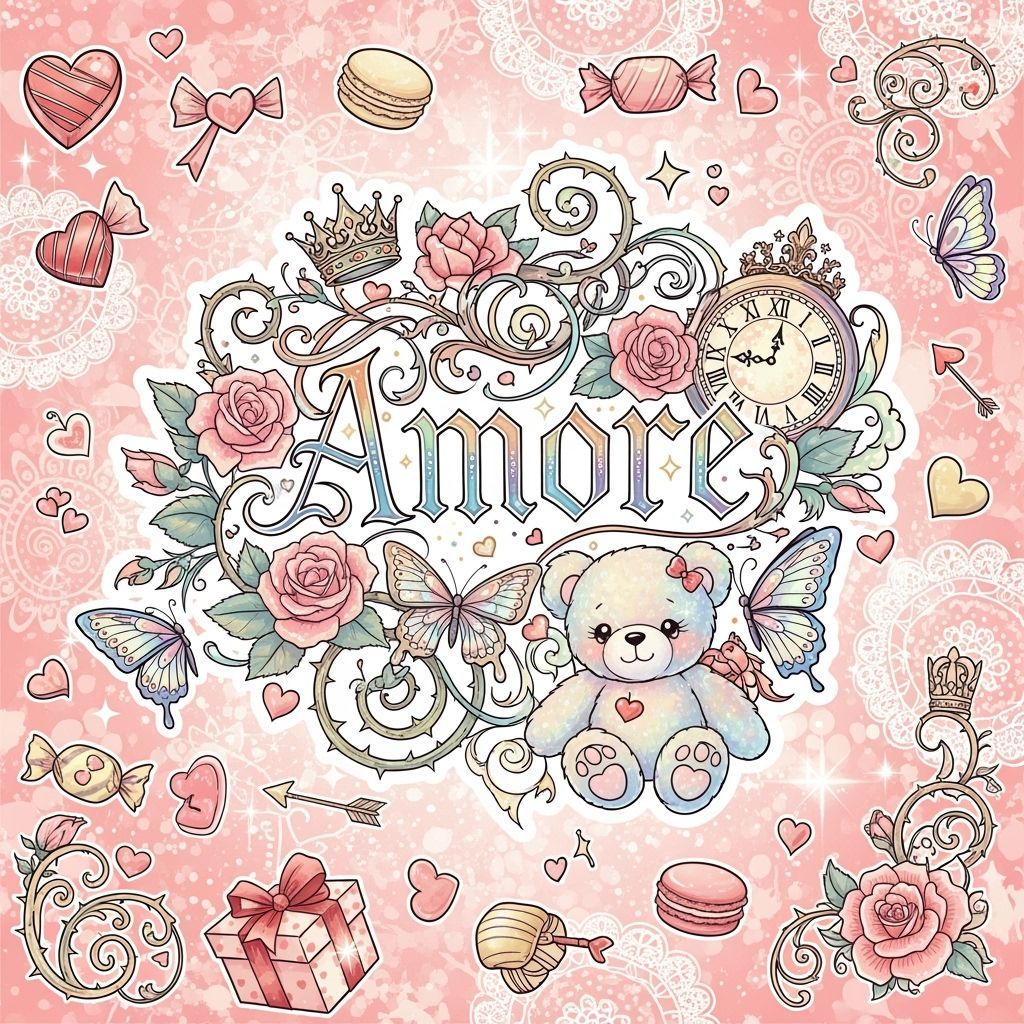 Kawaii Amore Valentine's Day Pattern with Gothic Calligraphy