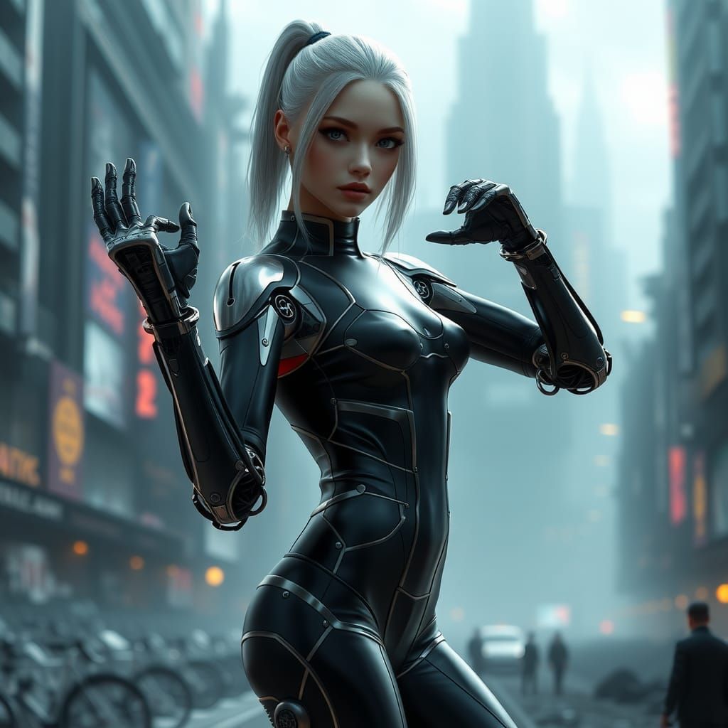 Icy Cybernetic Woman in Dystopian Cityscape, Digital Art