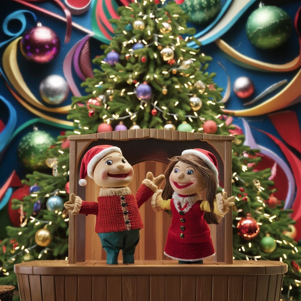Festive Christmas Puppet Show in Abstract Style