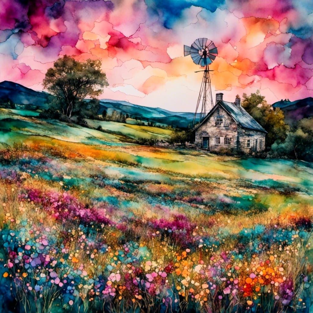 Farmhouse Scene with Flowers in Alcohol Ink Style
